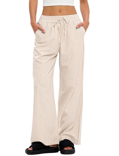 Rapbin Damen Pyjamahose Lang Weich Baumwolle Schlafhose Loungehose Freizeit mit Taschen Y2k Gestreifte Aprikosen