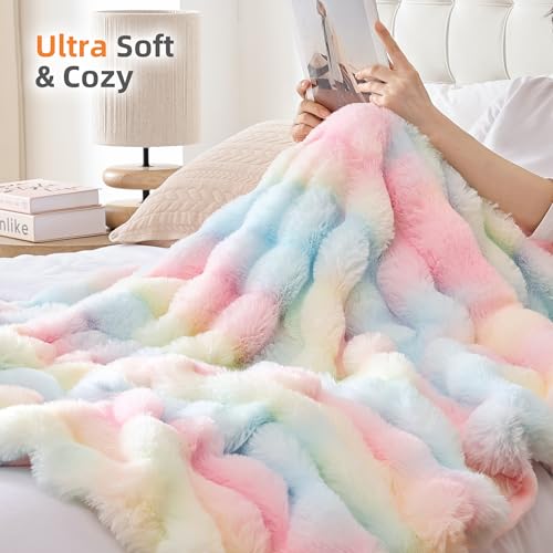 Smoofy Faux Fur Throw Blanket for Couch Rabbit Fleece - Rainbow Fluffy Blanket for Sofa Bedroom Living Room, Cozy Soft Plush Luxury Thick Winter Fuzzy Comfy Bubble Blanket - 50" x 60"