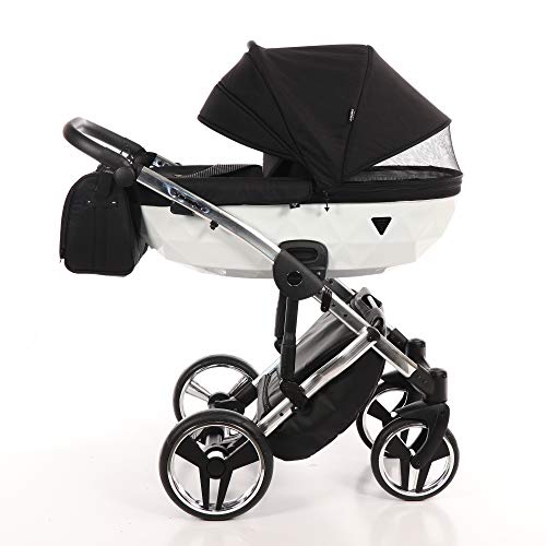 KOMBI KINDERWAGEN SET JUNAMA DIAMOND S-LINE BABYWAGEN BUGGY BABYSCHALE + ZUBEHÖR (04 Weiß-Schwarz, 3IN1)