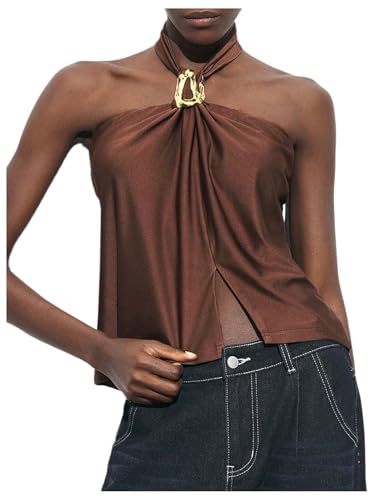 Milumia Women's Metal Backless Halter Top Ruched Split Hem Sleeveless Casual Tops