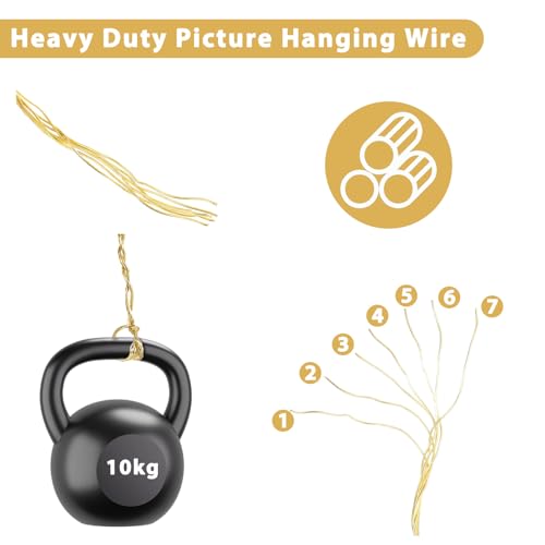 Image of JJUNW 32.5 Feet Picture Hanging Wire, Gold Wire Braces Wire Gold Floral Picture Frame Wire, Picture Wire Hanging Kit For Photo Frame Picture, Holiday Decor, Crafts, Mirror Supports Up To 35lbs(Golden)