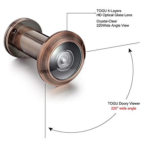 Image of TOGU TG2614YG-AC Brass UL Listed 220-degree Door Viewer with Heavy Duty Privacy Cover for 1-3 /8 inch to 2-1 /6 inch Doors, Antique Copper Finish