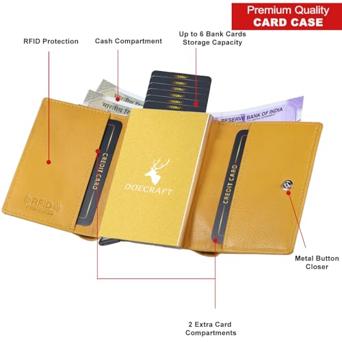 Image of Men's Genuine Leather RFID Wallet | Premium Slim Red Wallet for Men with Deer 3D Print | 8 Card Slots Secure and Durable | Casual Stylish | Formal & Gifting Use, Golden (Yellow)
