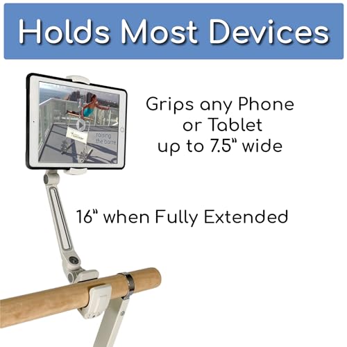 Booty Kicker Tablet Holder with Round Clamp Clamps to 1.25" - 1.75" Barre | Sturdy Metal, Stable Base | Adjusts Firmly and Securely | Compatible iPad Mini/Most Phones/Small Tablets
