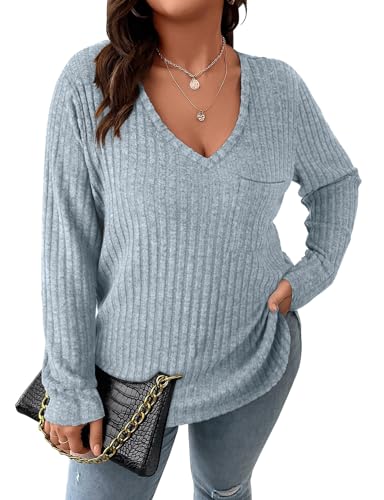 Image of Koscacy Women Plus Size Casual Knit Sweater with Pocket V Neck Solid Color Tops Lightweight Long Sleeve Blouses