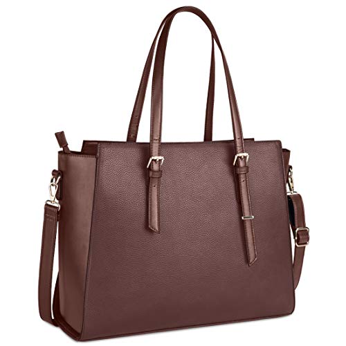 NEWHEY Laptop Tassen voor vrouwen Grote Lederen Handtassen Dames Laptop Draagtas Zakelijke Werk Schoudertas lichtgewicht 15.6 Inch Koffie