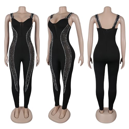 Image of Jigfar Women Sexy Elegant Rhinestone Mesh See Through V Neck Bodycon Jumpsuit Party Club Night Outfits Playsuits(FK3260,Black,XXL)