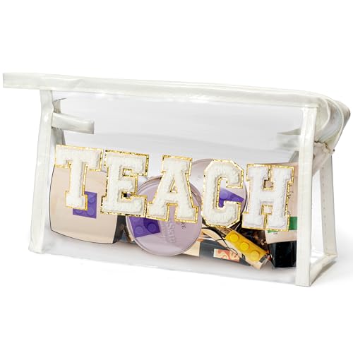 CY2SIDE TEACH Clear Makeup Bag - White TEACH Letter Patch Cosmetic Bag with Handle for Travel PVC Zipper Clear Toiletries Waterproof Portable Travel Organizer Teacher Appreciation Gifts White