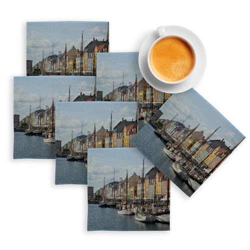 sous Verre en Lin - Port Multicolore de Nyhavn Danemark - Lot de 6 (100 x 100 mm)