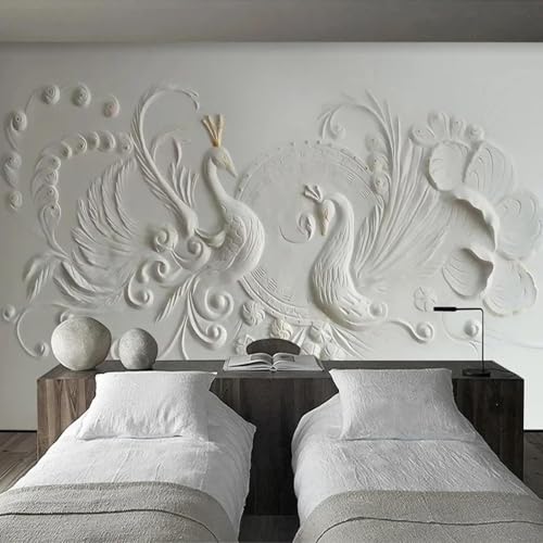 Papier peint mural 3D paon blanc pour masquer un mur abîmé