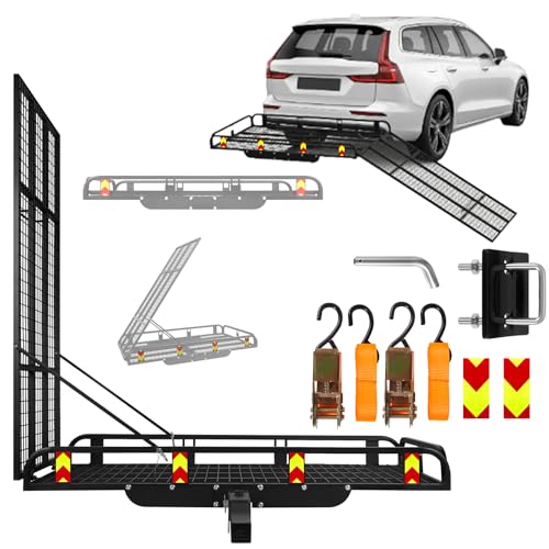 Image of 1200lbs Heavy Duty Hitch Cargo Carrier, 55" L x 34" W x 10" H Hitch Mount Cargo Carrier with Foldable 54" Ramp & Reflectors, Fits 2" Receiver, for Wheelchair, Scooter, Lawn Mower
