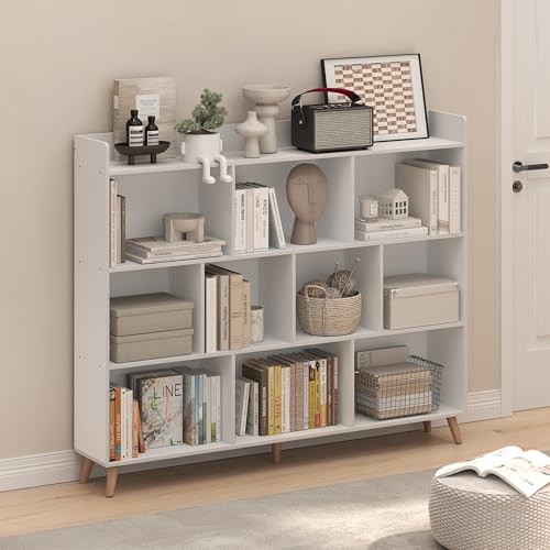 Image of Furinno Claude Book Shelf, 10-Cube Mid Century Style Bookshelf, Bookcase, Storage Organizer with Wood Legs, 9.4 inch x 55.1 inch x 45.1 inch, for Living Room, Bedroom, Home Office, White