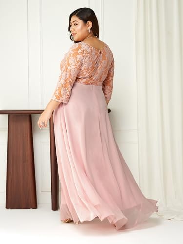 Image of Miss Chase A+ Women's Floral Printed Relaxed Fit V -Neck 3 /4Th Sleeve Georgette Maxi Dress