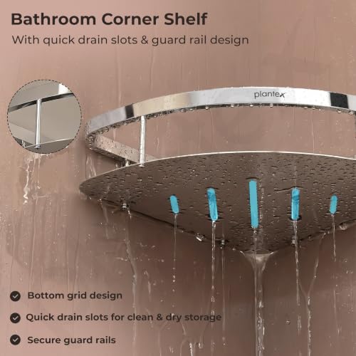 Image of Plantex Bathroom Corner Shelf for Wall Mount /304 Grade Stainless Steel Corner Shelf for Bathroom with Railings /Bathroom Accessories - Pack of 2 (9x9 inches, Chrome)