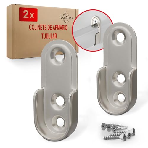 LouMaxx Juego de 2 soportes para barra de ropa, resistentes soportes de zinc fundido a presión, niquelado, para barras de armario ovaladas, 15 mm, incluye tornillos