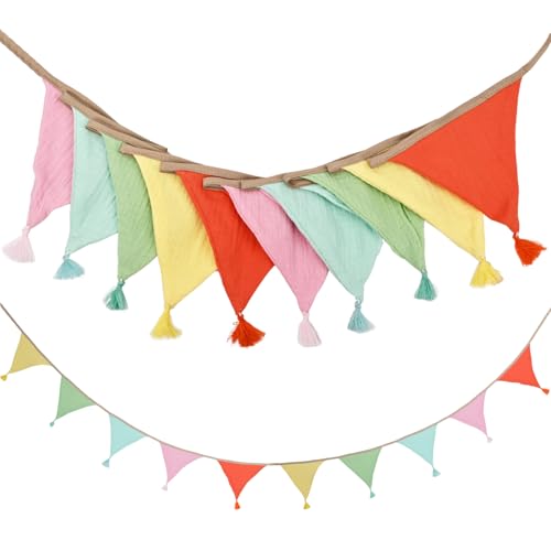 10Pcs Fabric Bunting, Colourful Bunting with Tassel Double Sided Cotton Kids Room Garland 2.8M Fabric Pastel Banner for Nursery Birthday Party Baby Shower Kid Bedroom Decor