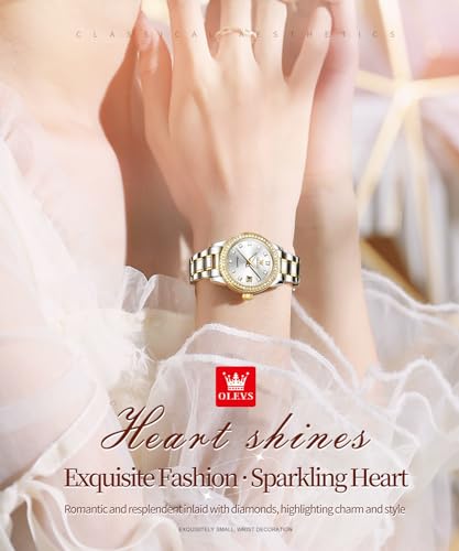 Image of OLEVS Womens Diamond Watches Automatic Mechanical Gold Luxury Dress Ladies Self Winding Original Stainless Steel Wrist Watch