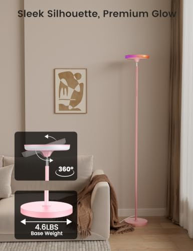 Image of UFO LED Torchiere Floor Lamp with RGB Ambient Light, 42W 3700LM Bright Dimmable Sky Lamp,71in Modern Tall Standing Lamp with Remote Touch Control&Timer,for Living Room Bedroom Office Gaming Room,Pink