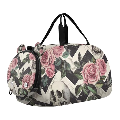 Duffle Bag for Boys or Girls with Shoes Compartment, Pink Roses Skull Sports Travel Bag Overnight