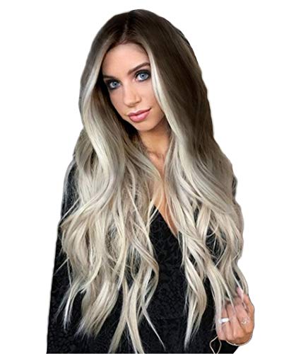 Ombre Wig Silver Gray Long Wavy Wigs for Women Mixed Colors Wavy Synthetic Wig Heat Resistant Full Wig for Cosplay (Gray)