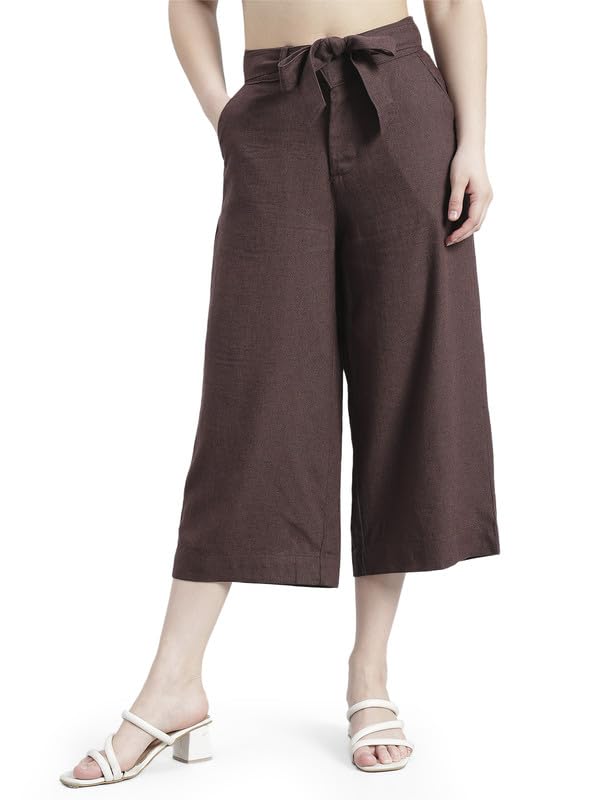 Image of GO COLORS Solid Linen Culottes for Women | High Rise, Side Pockets, Front tie-up