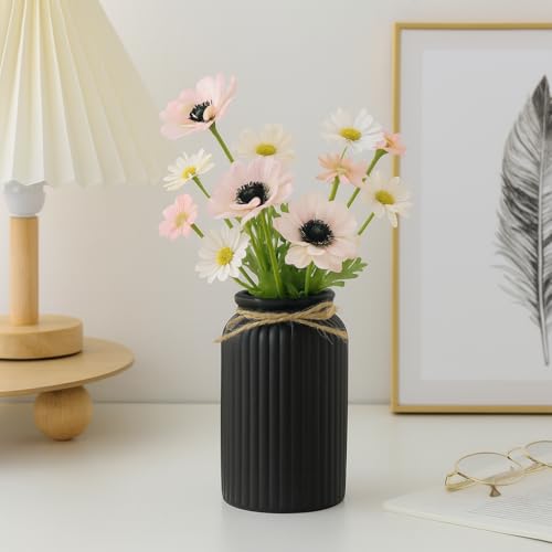 Image of Plastic Ribbed Decorative Vase with Jute Rope Top | Ceramic Look, Unbreakable Flower Pot for Centre Table, Balcony & Living Room Decor | Only Vase (No Flower) (Black)