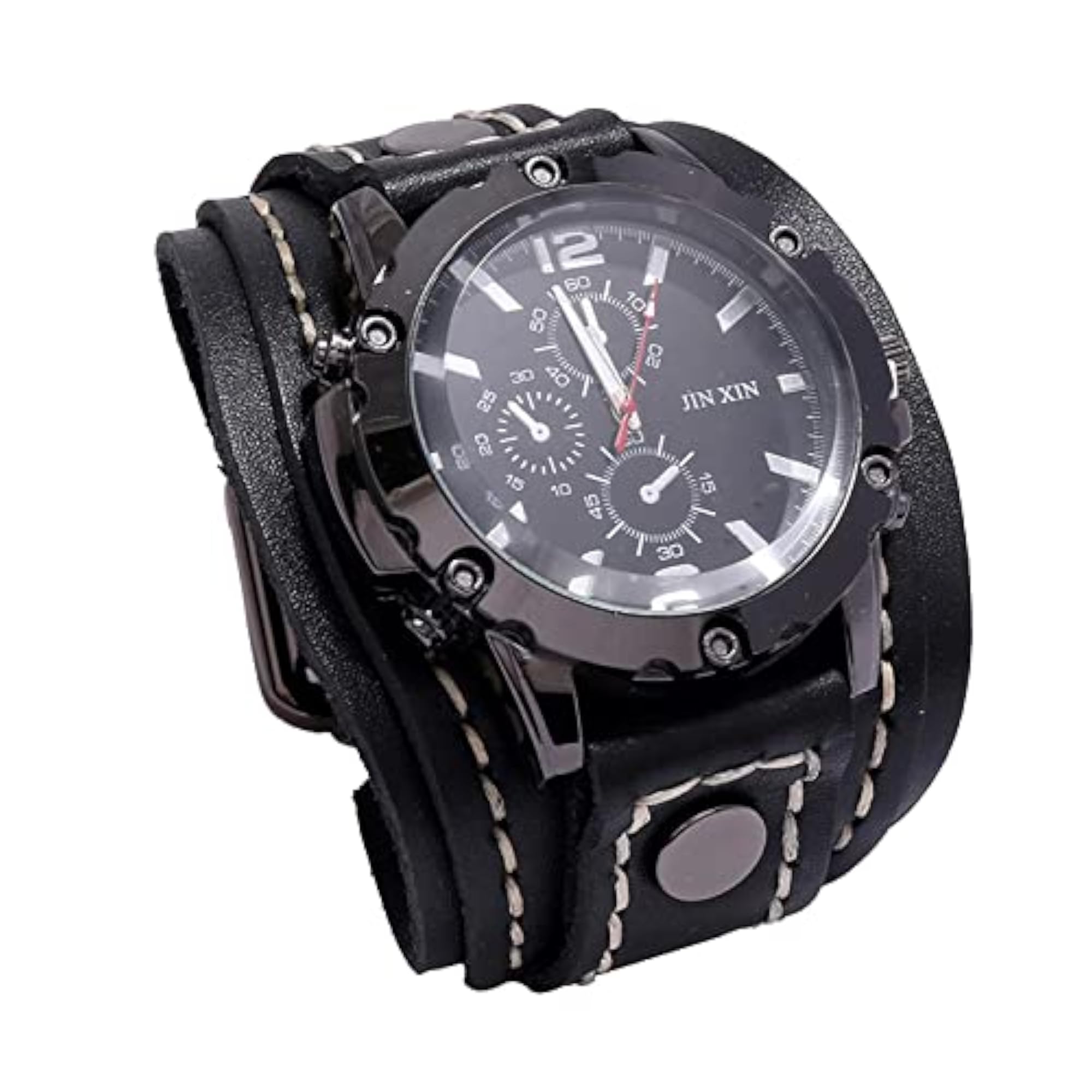 Men's Wide Leather Strap Wrist Watch, Black