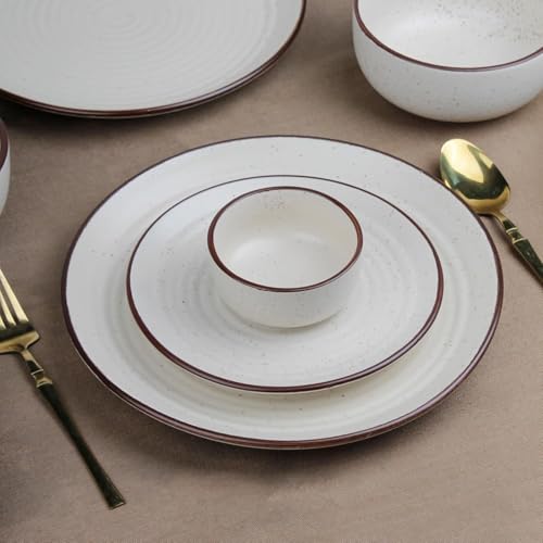 Image of The Earth Store Handcrafted Spiral White Ceramic Dinner Set, 30 Pieces Serving for 6, Microwave and Dishwasher Safe, Bone-Ash Free, Dinner Sets | Crockery Set for Gifting & Dining