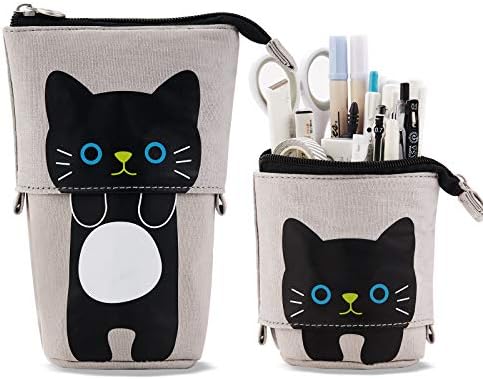 TOYESS Stand Pencil Holder,Telescopic Cartoon Cute Milk Tea Pencil Case Cosmetic Durable Canvas Stationery Makeup Bag for Boys Girls Students and Office Supplies,Pink