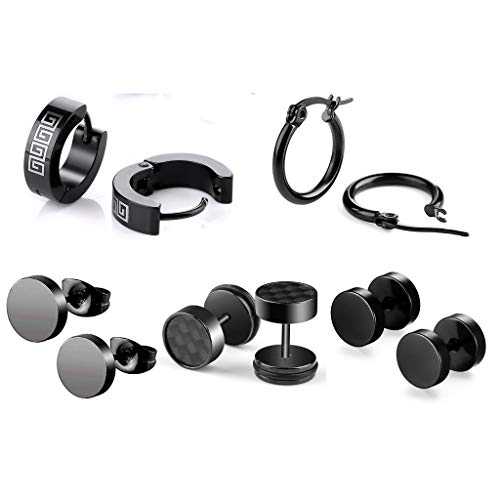 5 pièce boucles d'oreille en acier inoxydable boucles d'oreilles en argent Hoop millésime pendentif croix rond noir pour homme femme Cover