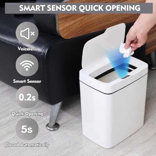 Image of Yuright Automatic Touchless Motion Sensor Kitchen Trash Can, 15 L Plastic Garbage Can with Lid, White