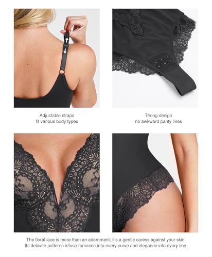 Popilush Shapewear Bodysuit for Women Lace Corset Tops for Large Bust Tummy Control Low Back V Neck Thong Bodysuits4