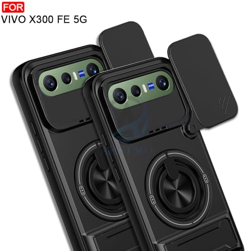 Image of AESTMO Vivo X300 FE 5G Back Cover | Armor Camera Slider 360 Degree Rotating Finger Ring Holder Case with Bracket Stand Back Case Cover (Compatible with MagSafe Accessories) (Black)
