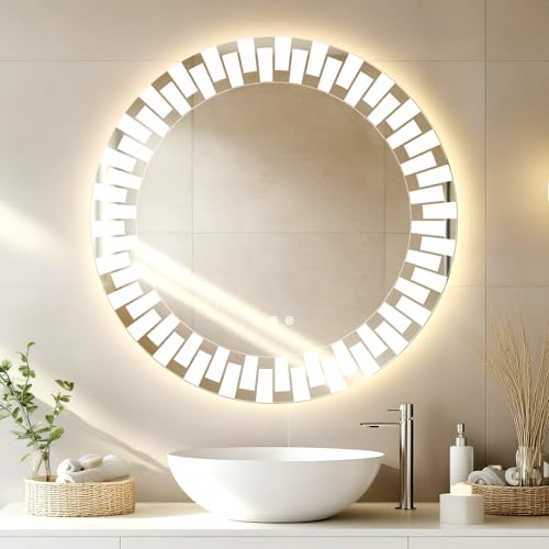 YOLEO Badspiegel rund mit Beleuchtung 80cm, Wandspiegel LED Badezimmerspiegel Antibeschlag großer Schminkspiegel, Berührungstaste Dimmbares 3 Farben LED-Licht 6500K