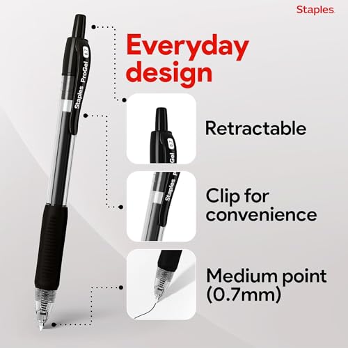 Image of STAPLES Retractable Gel Pens, Fine Point 0.7mm, Black Ink, 36 Pack - ProGel Smooth‑Writing, Quick‑Dry Pens for Office Stocking