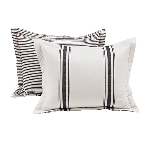 Image of Lush Decor Farmhouse Stripe Reversible Cotton Duvet Cover Set 3 Piece Set, Full / Queen Black - Bedding Set - Striped Duvet Cover Queen Size - Farmhouse Decor