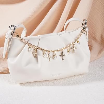 Purse Chain Strap Replacement for Bag Charm - Alloy Bags Extender Chains with Gold Cross and Peal Charms Handle Extender Decorative Bagchain for Wallets Handbag
