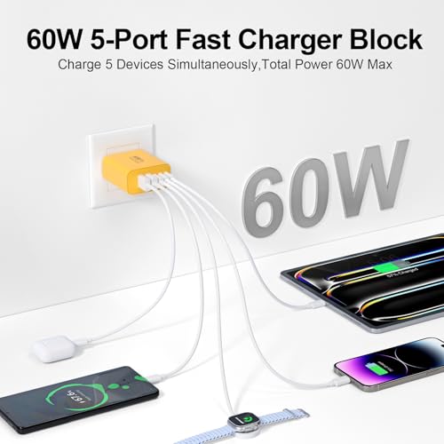 Image of USB C Charger Block, 60W 5-Port Type C Charger Fast Charging Blocks | USBC Multiple Port Wall Charger Plug for iPhone 17 /16 /15 /14 /13 /12 /11 Pro Max, Samsung Galaxy, Android Phone, iPad, Yellow