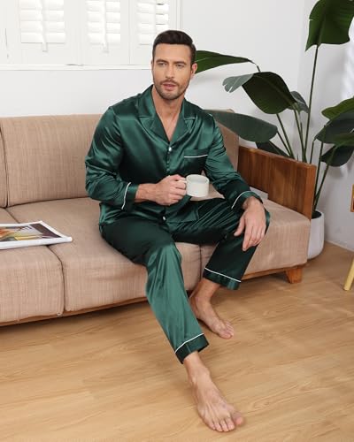 Mens Silk Pajama Set Long Sleeve Satin Pajamas Set for Men Pj Button-Down Sleepwear Loungewear with Pants4