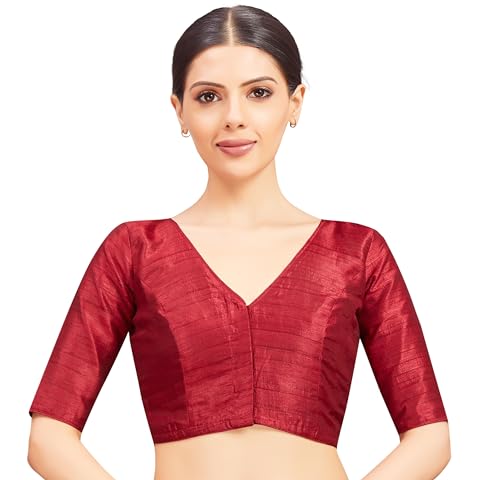 Studio Shringaar Women Readymade Raw Silk V Neck Saree Half Sleeve Blouse