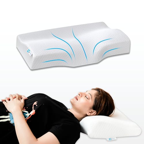Image of CalmNest Anti-snoring Cervical 100% Memory Foam Pillow for Neck Pain & Shoulder Pain| Sleeping Pillow for Spondylitis Neck| Orthopaedic Ergonomic (1x 22 Blue Foam)