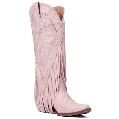 Image of Cowgirl Boots Women Retro Pull On Block Chunky Suede Fringe Cowboy Boots | Pointed Toe,Concert Outfits Knee High Western Boot, Country Boots,Tall Boot for ladies Party concert