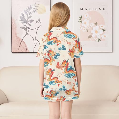 ALAZA Beautiful Dragon Cloud Satin Pajamas Set Short Sleeve Button Down Sleepwear Summer Pjs 2 Piece4