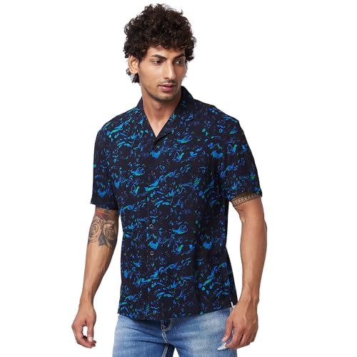 Image of Spykar Men's Relaxed Fit Cuban Collar Half Sleeve Printed Casual Shirts