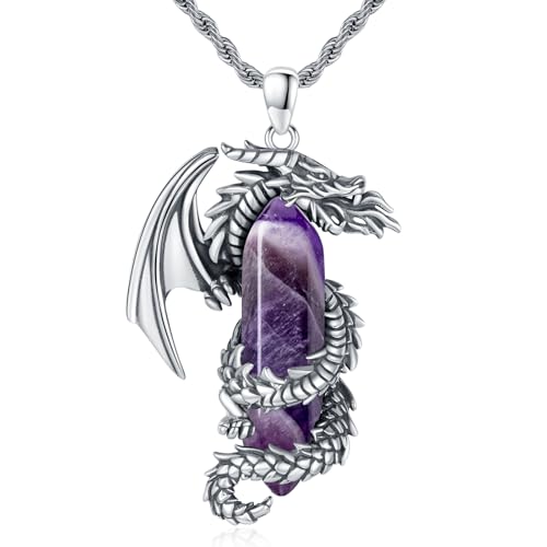 Dragon Necklace for Men Malachite/Obsidian/Amethyst/Lapis Lazuli/Tiger Eye/White Crystal Fire-breathing Dragon Pendant Sterling Silver Medieval Mythic Totem Chain Vintage Animal Jewelry Gifts