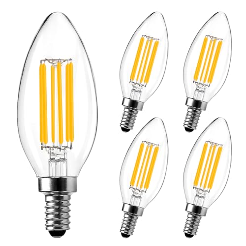 ROMANJOY Dimmable LED Candle Bulbs, 6W Equivalent 60W, 2700K Warm White, E14 Small Edison Screw Bulb, C35 Clear Glass LED Filament Lamp for Chandelier Ceiling Fans, 5 Pack