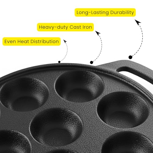 Image of Omichef Cast Iron Paniyaram Pan (Appe Maker) Pre-Seasoned 12 Pits Appam Maker | Small Paddu Pan | Naturally Non-Stick | Gas & Induction Compatible