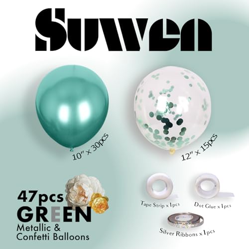 Image of SUWEN Metallic Green and Confetti Balloons Set 47PCS Latex Metallic Teal | Helium Balloon for Birthday Anniversary Party Decorations