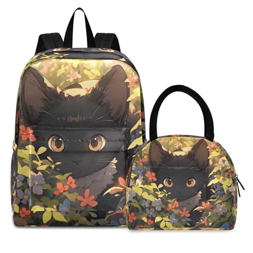 Black Cat in Flowers Print Backpack Set with Lunch Bag, Large Capacity Travel Backpacks and Lunch Box Insulated for Commute Hiking Picnic