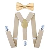 AWAYTR Child Kids Suspenders Bowtie Set - Adjustable Suspender Set for Boys and Girls (Beige, 25Inches (3 Years to 6 Years))